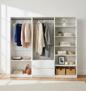 English Elm Prosper Freestanding White Walk-In Wood Closet System – Durable Melamine Oak Finish, Ample Modular Storage B040S00141