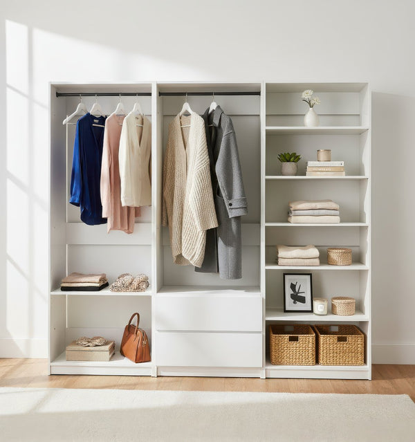 English Elm Prosper Freestanding White Walk-In Wood Closet System – Durable Melamine Oak Finish, Ample Modular Storage B040S00141
