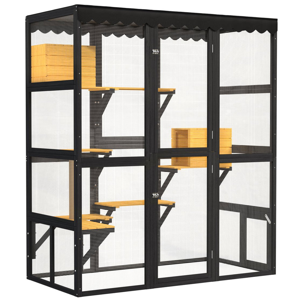 English Elm Cat Catio Walk-in Wooden Enclosure with Mesh Panels Condos and Weatherproof Roof W3166P475540