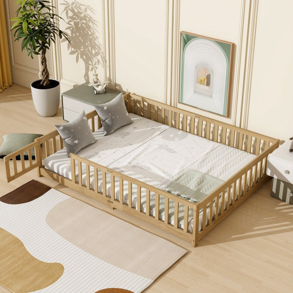 English Elm Queen Rubber Wood Floor Bed with Full Perimeter Safety Fence and Hinged Access Door Natural W504P429341