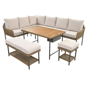 English Elm K&K 6-Piece Rope Patio L-Shaped Sectional Set with Acacia Wood Ice Box Table and Deep Cushions Beige+Brown N707S000014Z