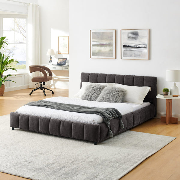 English Elm Queen Chenille Upholstered Platform Bed with Storage Drawers and Padded Headboard Dark Gray W487P235286