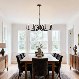English Elm 8-light Industrial Farmhouse Chandelier Black Metal Frame for Vaulted Dining Rooms W5008P392711