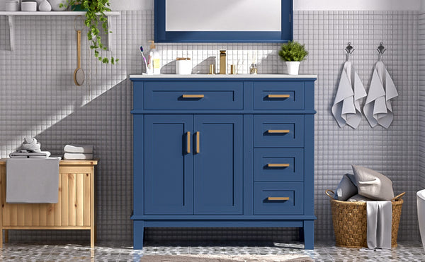 English Elm 36" Navy Bathroom Vanity Solid Wood Frame Ceramic Sink Gold Hardware Soft Close Blue N729P380151C