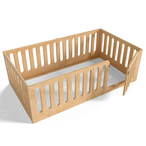 English Elm Twin Solid Pine Montessori Floor Bed with House Frame Door and Safety Fence Natural W5305P420633