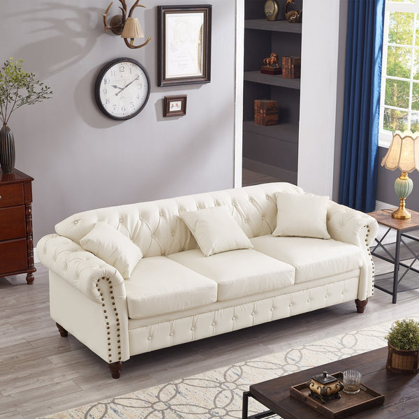 English Elm 85.8" Living Room Chesterfield Sofa with Storage Classic Tufted PU Upholstery Solid Wood Frame, 3-Seater Comfort Ivory White W1097S00150