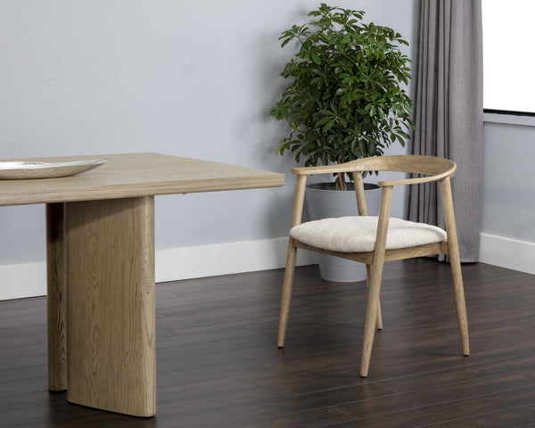 Sunpan Jeremy Mid-Century Dining Armchair - Exquisite Acacia Wood Craftsmanship for Timeless Elegance Weathered Oak / Dove Cream