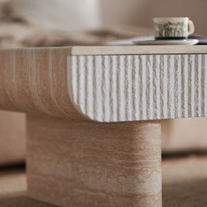 English Elm Coffee Table Mid Century Modern Oval with Faux Marble Top, Fluted Hidden Drawer, Small Space Friendly W3040P382310