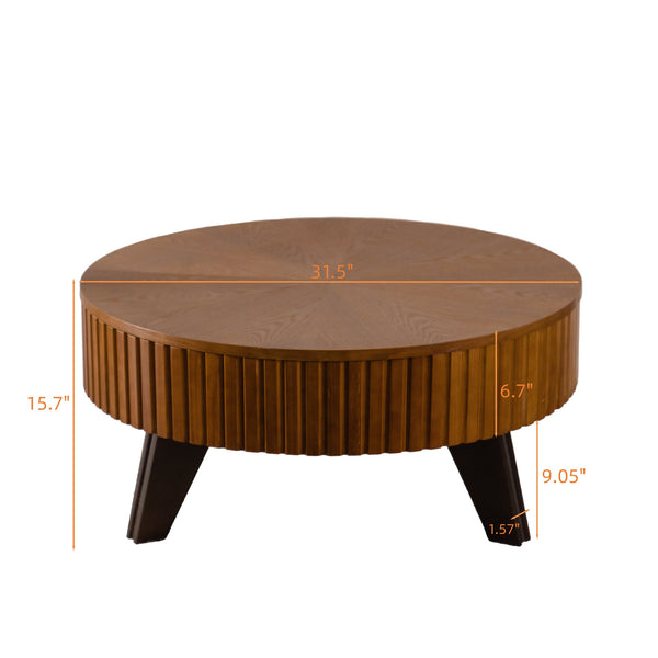 English Elm 31.5" Round Mid-century Coffee Table with Lower Shelf Solid Wood Legs and Mdf Top Natural W757P370290