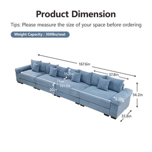 English Elm 170" Oversized Cloud Modular Sectional Couch - Luxurious Corduroy, Ergonomic Design, 12 Pillows, Blue W714S01353