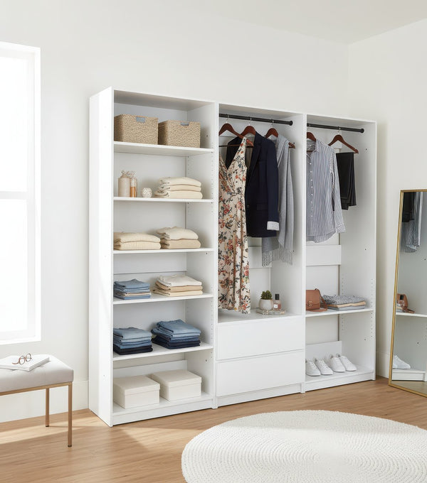 English Elm Prosper White Freestanding Walk-In Wood Closet System — Modular Oak Finish, Durable Melamine, Easy Assembly B040S00146