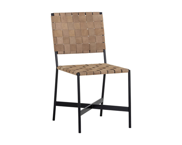 Sunpan Omari Dining Chair Set of 2 - Stylish Weaved Leather Seating with Durable Black Iron Frame Suede Light Tan Leather