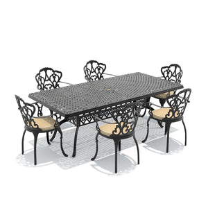 English Elm 7-piece Cast Aluminum Outdoor Dining Set with Ornate Garden Style and Cushioned Seating W1710S00607