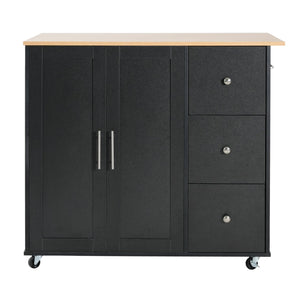English Elm Mobile Rolling Kitchen Island with 3 Drawers Matte Black Cabinet and Natural Wood Top N779P373196B