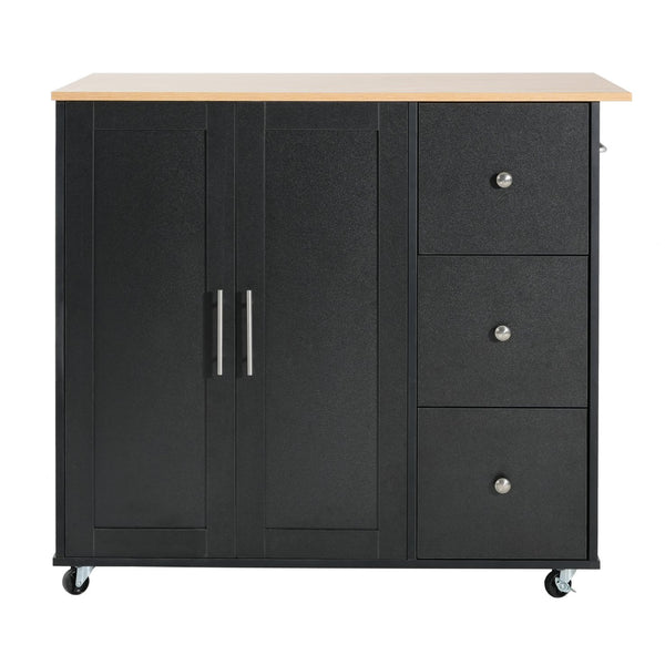English Elm Mobile Rolling Kitchen Island with 3 Drawers Matte Black Cabinet and Natural Wood Top N779P373196B