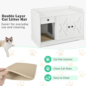 English Elm GO Cat Litter Box Enclosure with Storage Drawer & Mat, Farmhouse White Indoor Cat House Side Table N704P265258K