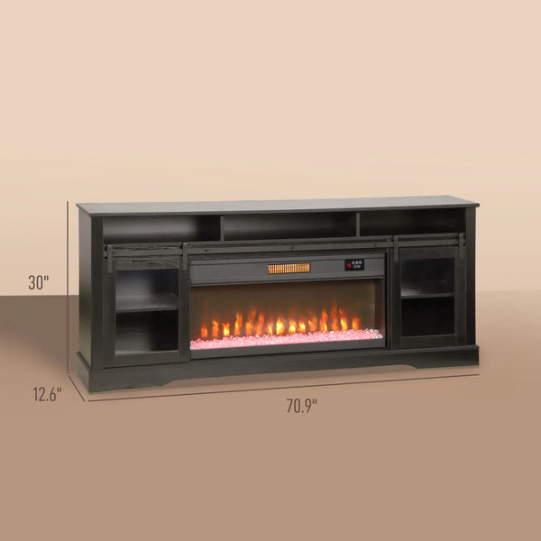 English Elm Tv Console with Electric Fireplace Mdf Steel Frame Glass Cabinet Media Storage T3971S00086