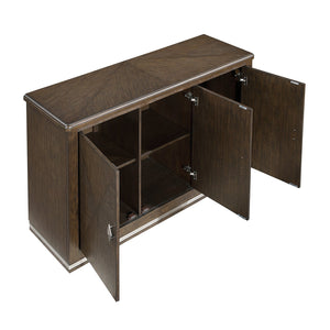 English Elm Modern Brown Wire-Brushed Server with 3 Cabinets, Adjustable Shelves, Nickel Diamond Handles & Metallic Base B011P372230
