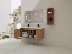 English Elm 48" Wall-Mounted Bathroom Vanity With Double Sink, Soft-Close Doors & Storage Rack For Modern Homes W999S00346