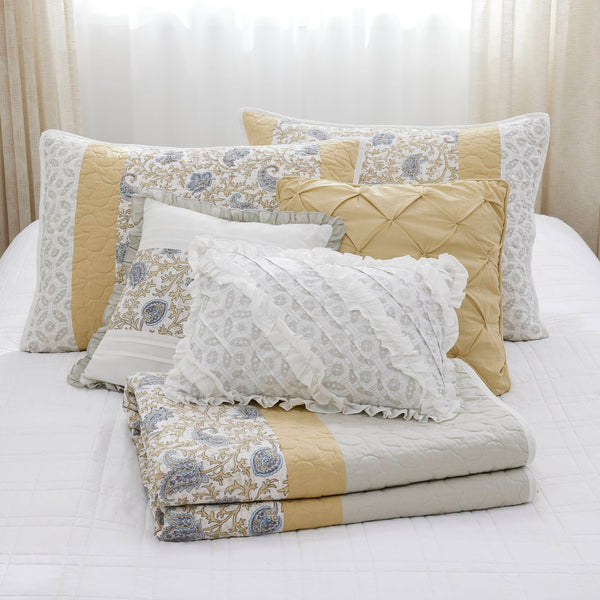 English Elm 6 Madison Park Dawn Cotton Percale Reversible Quilt Set Full/Queen Paisley Pintuck Lace Taping Vintage Chic Comfort Yellow 17.72 L x 22.83 W x 7.09 H B035129026