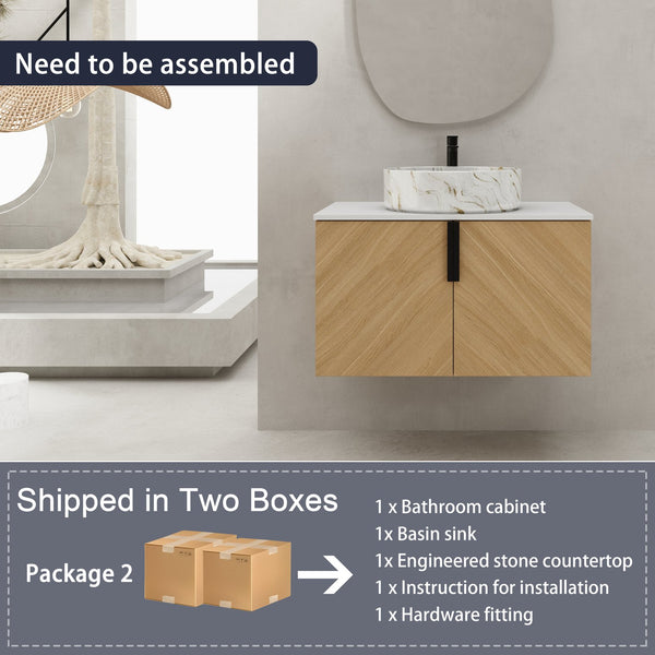 English Elm 30" Stylish Wall-Mounted Bathroom Vanity With Ceramic Sink, Soft-Close Doors & Modern Design W999S00445