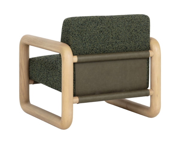 Sunpan NUBO Lounge Chair – Organic Ash Frame, Textured Noah Meadow Fabric & Dark Olive Leather Elegance 112676