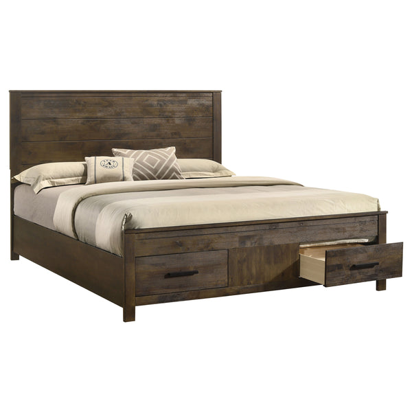 English Elm Greely Rustic Golden Brown Eastern King Storage Bed with Wire-Brushed Hardwood Finish & Dual Drawers B062S00703