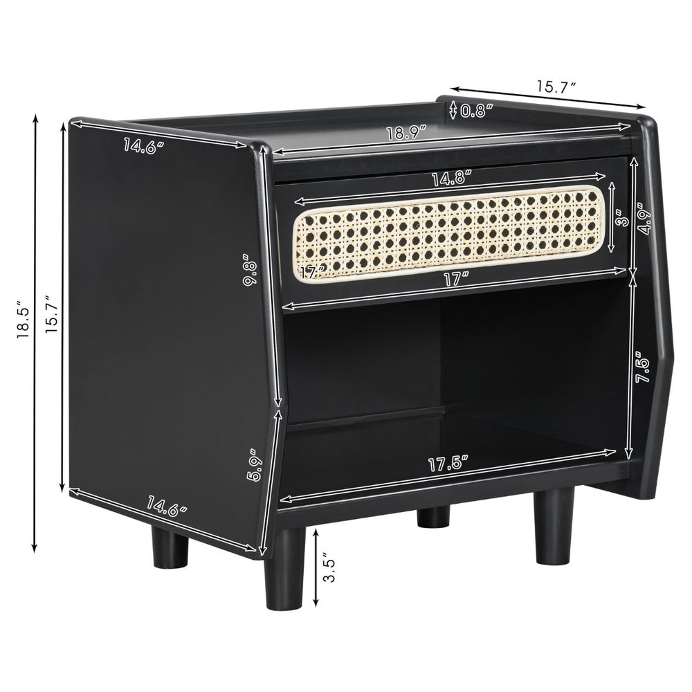 English Elm Black Rattan Panel Nightstand with Open Shelf Drawer Mdf Modern Bedroom Storage N770P374577B