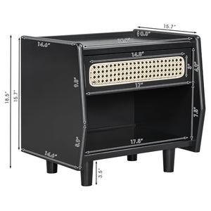 English Elm Black Rattan Panel Nightstand with Open Shelf Drawer Mdf Modern Bedroom Storage N770P374577B