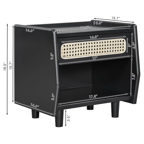 English Elm Black Rattan Panel Nightstand with Open Shelf Drawer Mdf Modern Bedroom Storage N770P374577B