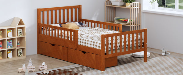 English Elm Twin Pinewood Platform Bed with Headboard, Guardrails & Two Underbed Drawers for Storage Walnut 70.6 L x 17.1 W x 5.9 H N733P172696D