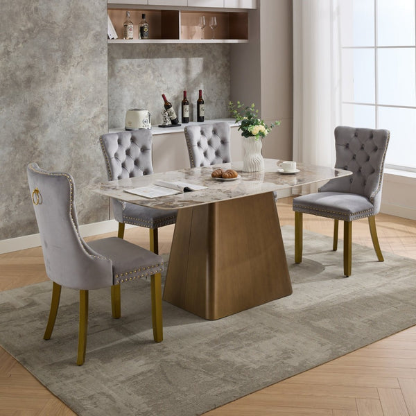 English Elm A&a Furniture Nikki Velvet Wingback Dining Chair Set Nailhead Trim Golden Legs W1143P179488