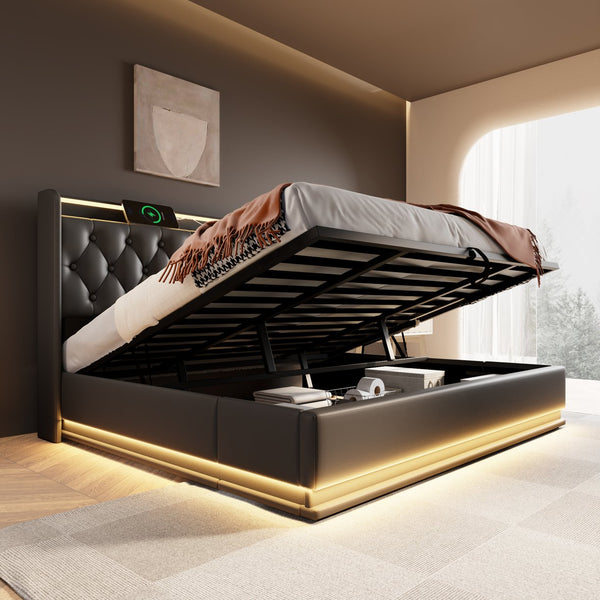 English Elm King Upholstered Bed with Surround LED, App/Remote Control, Hydraulic Storage, USB Type-C Charging Black N736P188808B