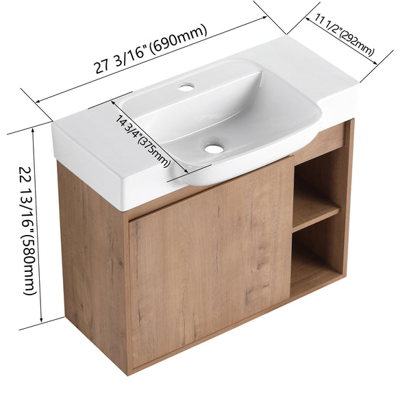English Elm 28'' Floating Bathroom Vanity with Ceramic Sink Soft Close Door Melamine Cabinet Imitative Oak W999P426637