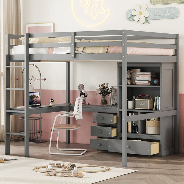 English Elm Full Size Loft Bed With Desk, Storage Solutions, Built-In Ladder & Guardrails For Safe Use In Grey W504S00160