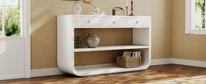 English Elm [video] Sculptural Console Table Pine Wood Curved Legs Soft-close Drawers Open Shelving Entryway White N759P433560K