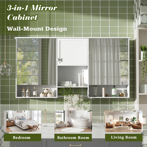 English Elm 55 Inch Wall Mount Medicine Cabinet Dual Mirrored Doors Soft Close Bathroom Vanity Storage N710P401336K