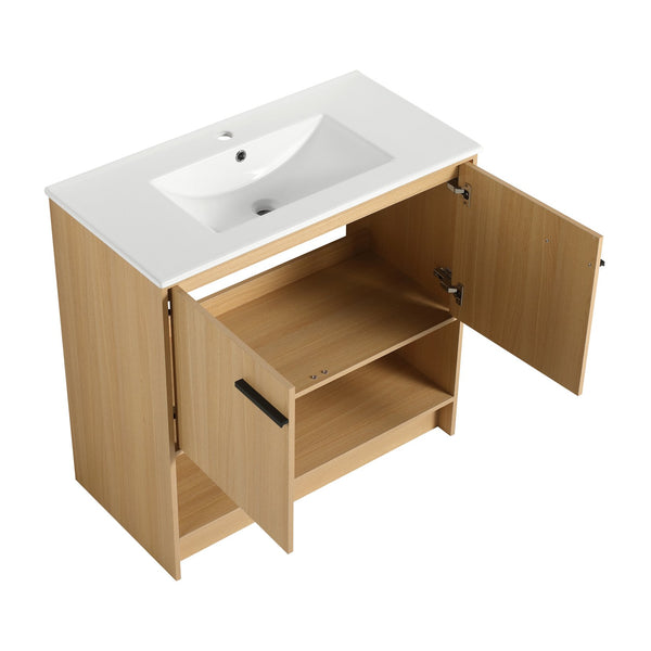 English Elm 36" Modern Bathroom Vanity With Ceramic Sink, Soft Closing Doors & Open Shelf For Stylish Storage W1972S00019