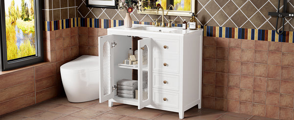 English Elm 36.02-inch white bathroom vanity with ceramic basin, gold round handles, soft-close doors & drawers N729P184710K