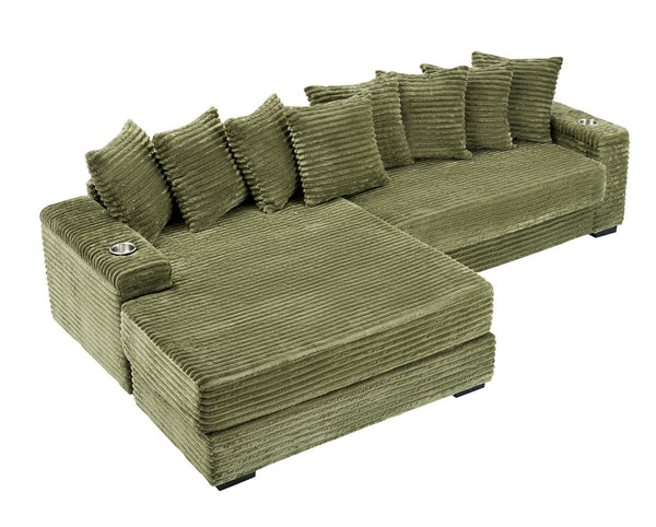 English Elm 111.4-inch corduroy L-shaped sofa with reversible chaise, armrest cup holders, lockers, sturdy frame Green W1278S00102
