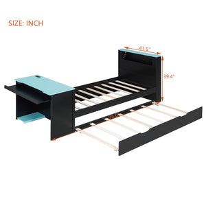 English Elm Twin Wood Gaming Daybed with Trundle Built-in Desk Rgb Lighting and Usb Port Black+Blue LT000283AAC