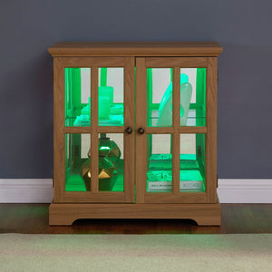 English Elm Led Curio Display Cabinet - Antique Oak Showcase With Adjustable Shelves, Remote & Lattice Doors For Home W2275P231692
