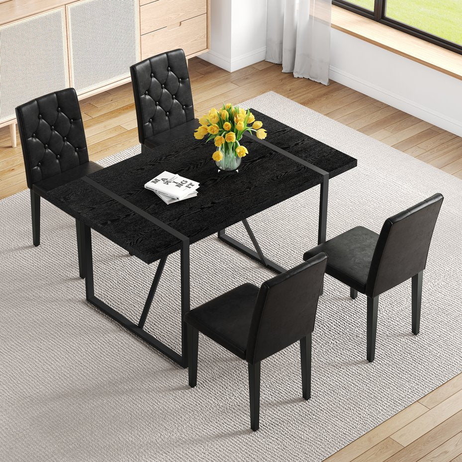 English Elm Black Faux Wood Grain Mdf Rectangular Dining Set with Ergonomic Pu Chair Seating W1151S04373