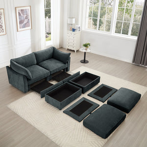English Elm 2 Seater Sofa With Movable Ottomans & Hidden Storage Drawers - Chic Chenille Comfort & Style W3041S00194