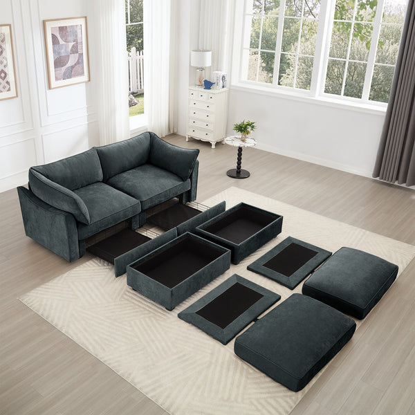English Elm 2 Seater Sofa With Movable Ottomans & Hidden Storage Drawers - Chic Chenille Comfort & Style W3041S00194