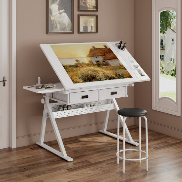 English Elm Adjustable Drafting Desk with Tilting Mdf Top Two Drawers and Stool for Home Studio W347P442069