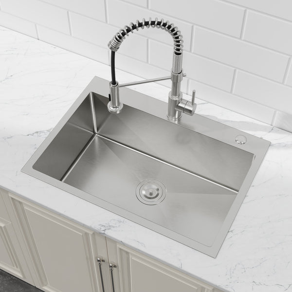 English Elm Stainless Steel Handmade Single Bowl Overmount Kitchen Sink Dark Gray Matte Finish T3177P370628