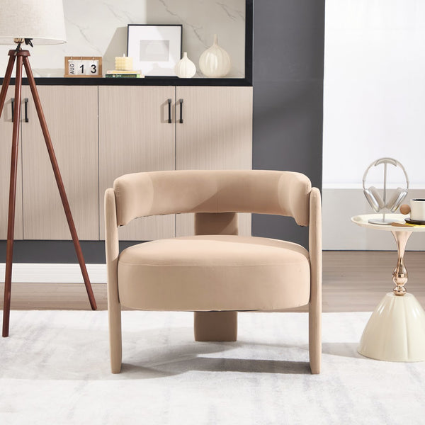 English Elm Accent Chair Velvet Upholstered Mid Century Modern Seat with Tapered Wood Legs for Any Room Khaki W3244P417179