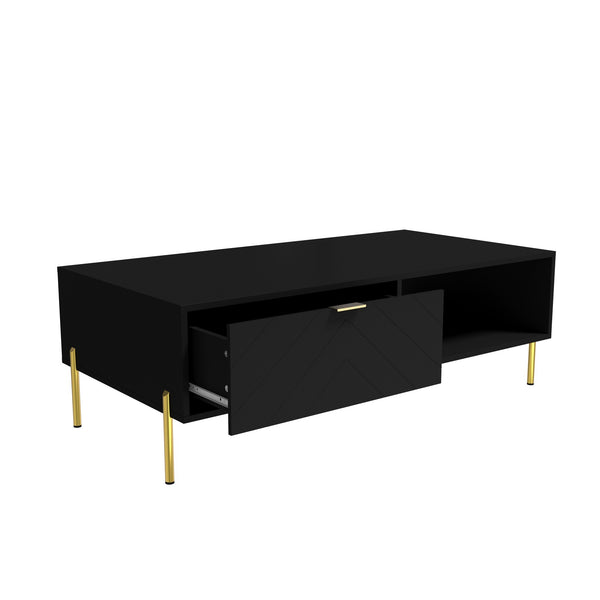 English Elm Mid-century Modern Coffee Table with Dual Drawers Tapered Legs and Open Storage Shelf Black T3609P482850