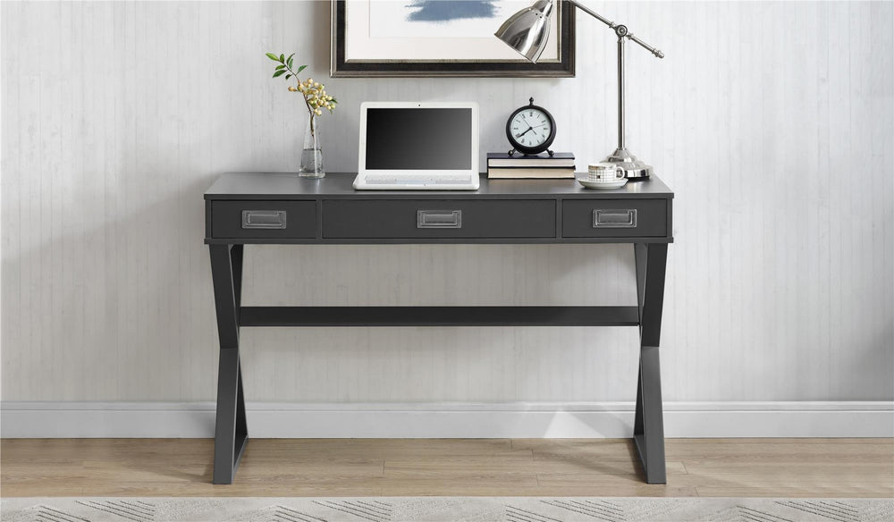 English Elm Crossmark Campaign Style Writing Desk with Three Drawers and Powder Coated Metal Legs B2733P445251